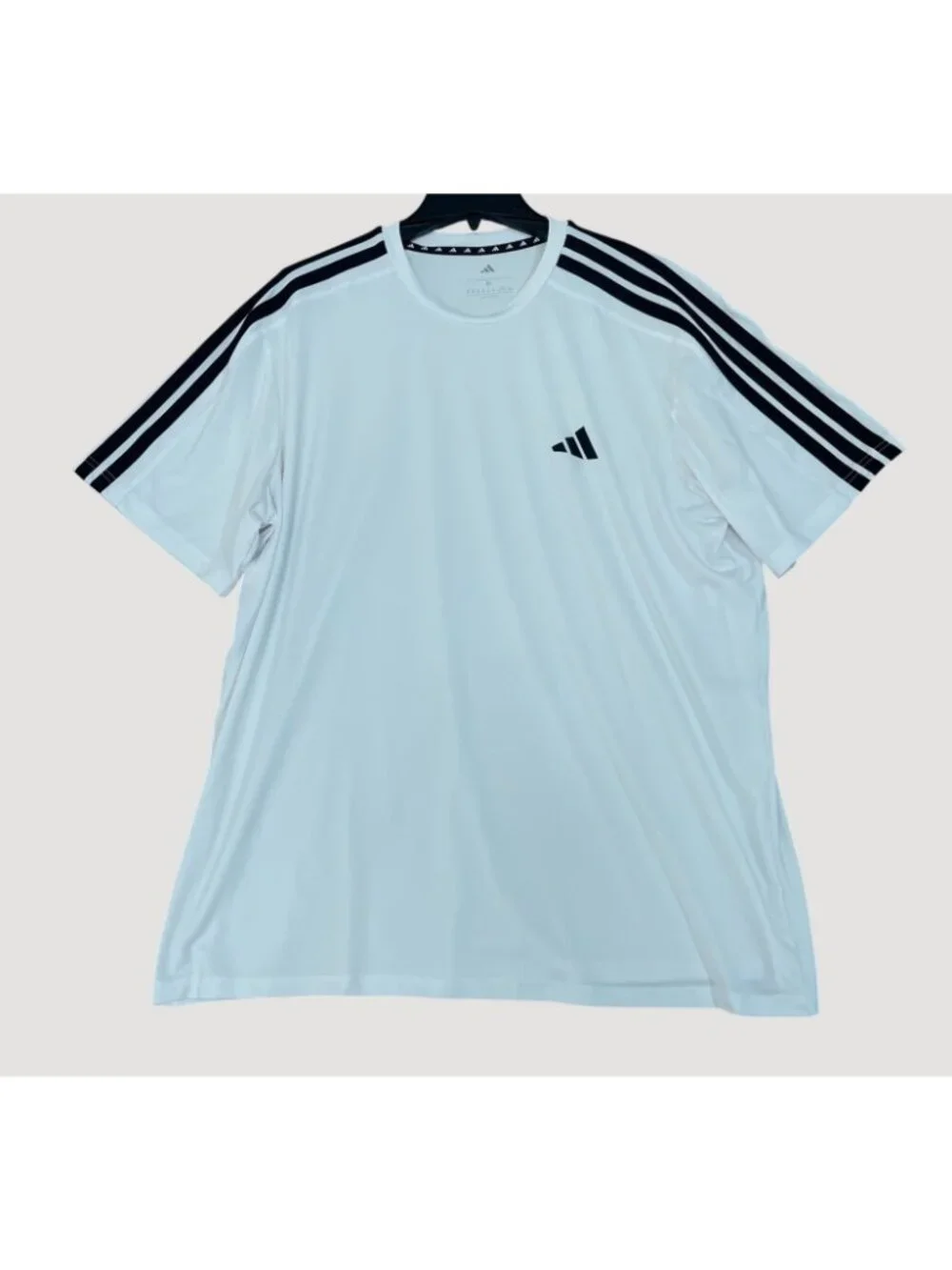 Adidas Men's XL White Athletic Tee With Black Stripes On Sleeves Logo On Chest
